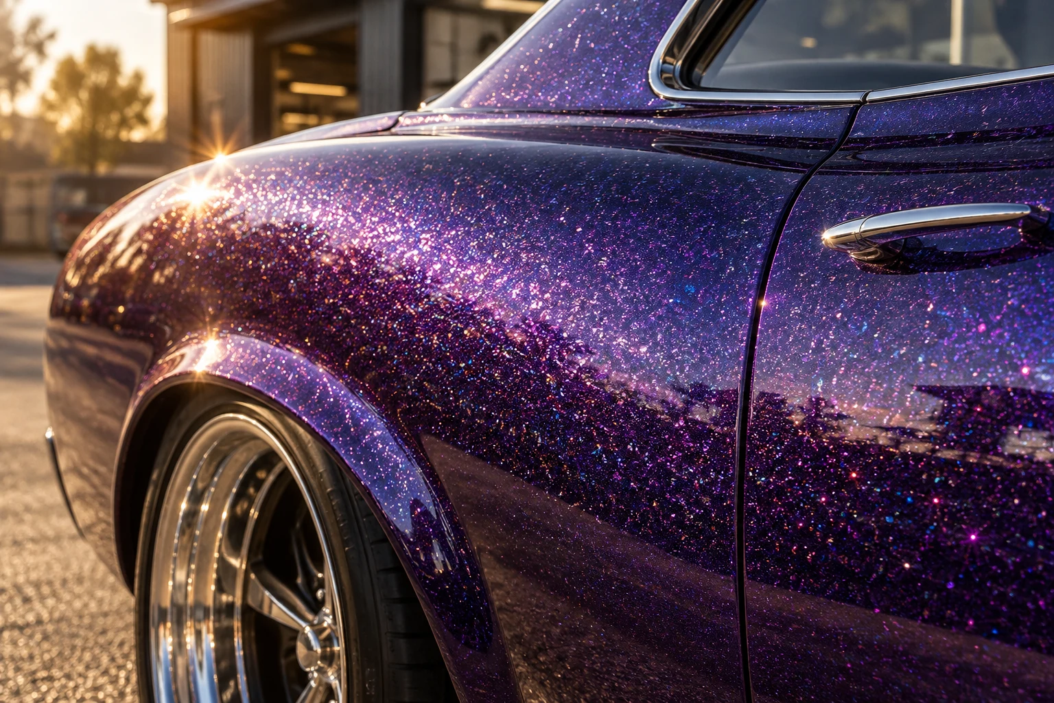Purple custom car bodywork with dense reflective glitter flakes embedded beneath a glossy clear coat