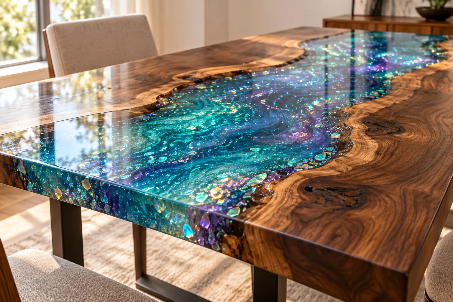 Walnut river table with turquoise and violet transparent resin containing colourful holographic glitter flakes