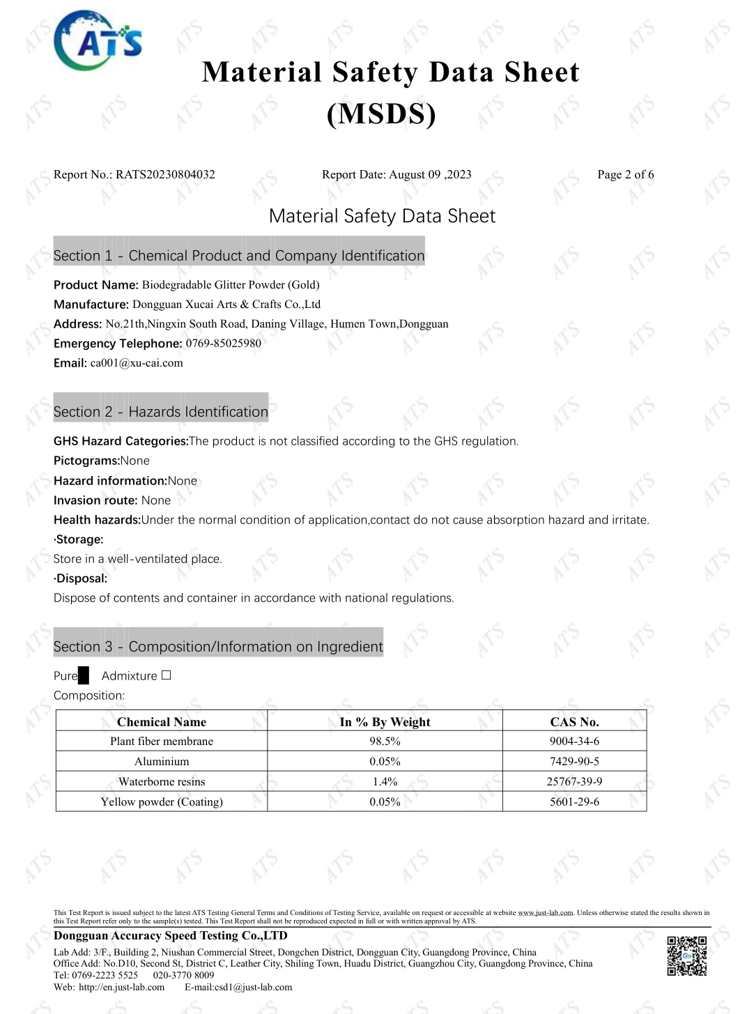 Plant-fiber gold · safety data sheet, original document page 2