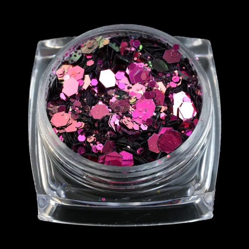XUCAI pink multicolour glitter sample, showing different reflective facets