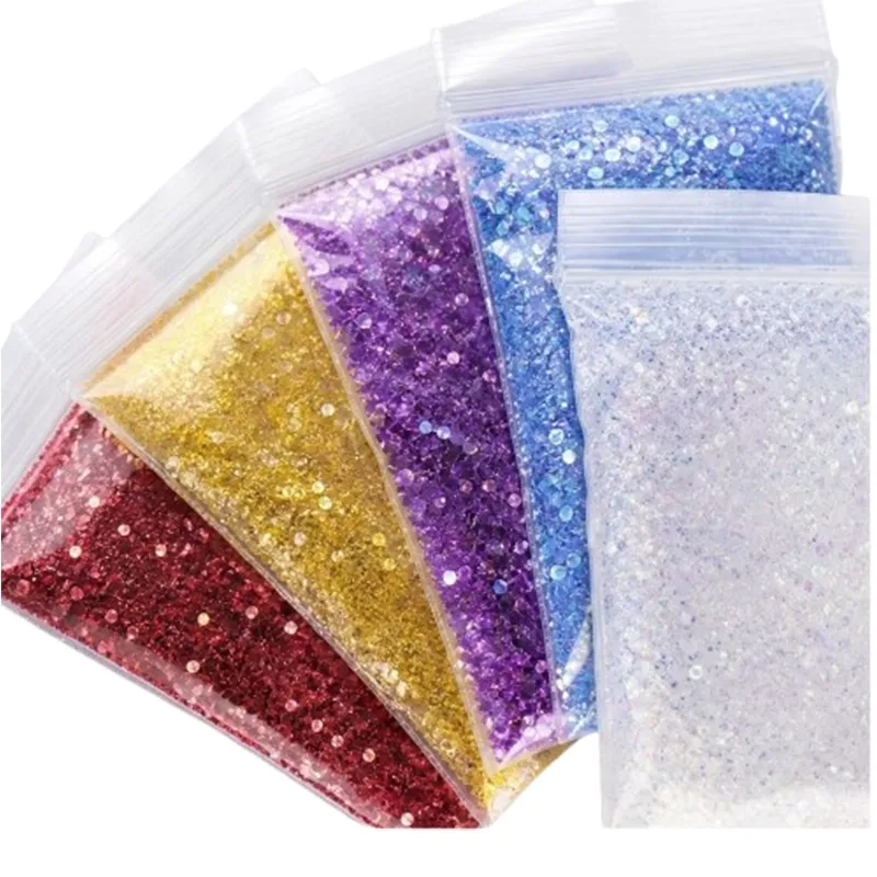 XUCAI coloured glitter samples in resealable bags for material review