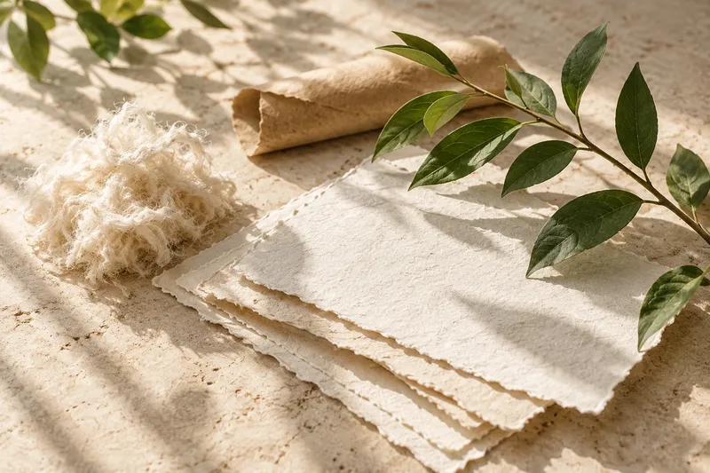 Plant fibres, textured paper and green leaves