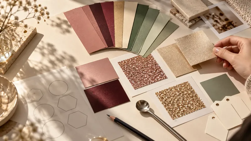 A glitter colour development workbench with references and design materials