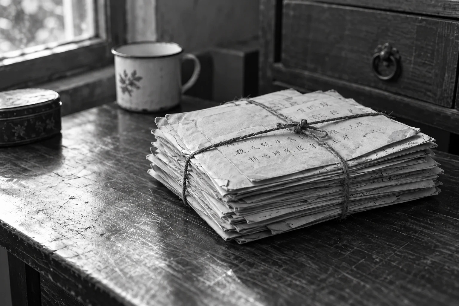 Black-and-white still life of handwritten letters tied with string on a wooden table