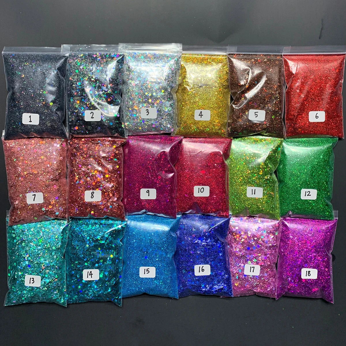 Holographic chunky hexagon mix · 18 colours set